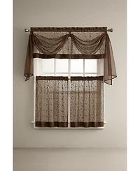 Kate Aurora Living Complete 4 Piece Linen Leaf Embroidered Kitchen Curtain Set - 58 in. W x 36 L, Gold