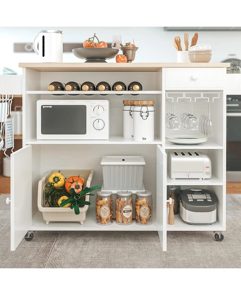 Rolling Kitchen Island Cart with Drop-Leaf and Wine Rack, White