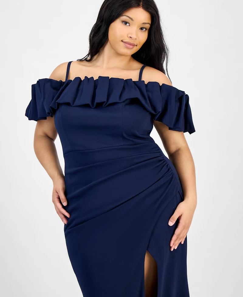 City Studios Trendy Plus Bubble-Trim Cold-Shoulder Scuba Gown