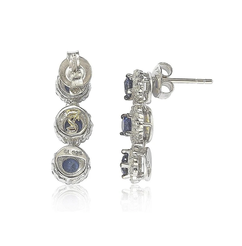 Suzy Levian New York Sterling Silver Sapphire & Created White Halo Triple Drop Dangle Earrings