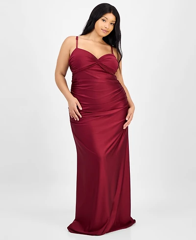 City Studios Trendy Plus Twist-Front Ruched Satin Gown