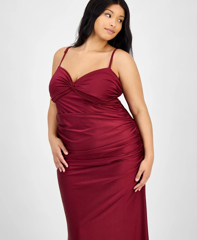 City Studios Trendy Plus Twist-Front Ruched Satin Gown