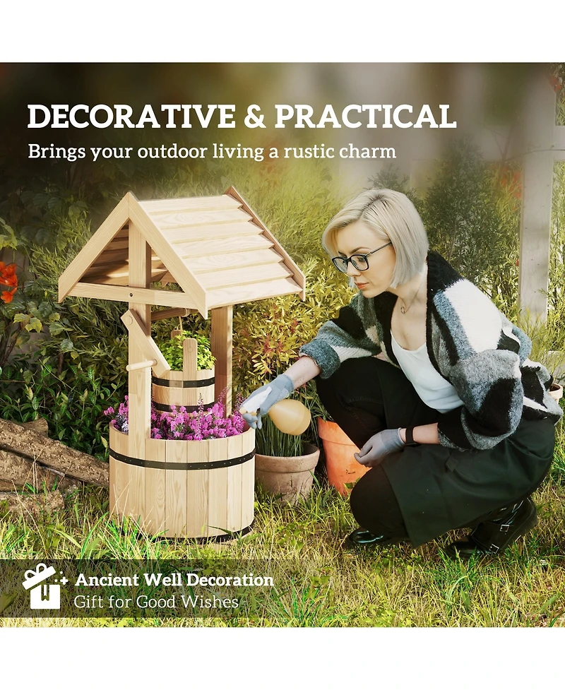 Outsunny Wishing Well Planter with Bucket, Wooden Wishing Well, Natural