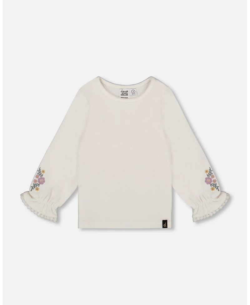 Deux par Baby Girls Jersey Top Off-White with Embroidered Floral Sleeves