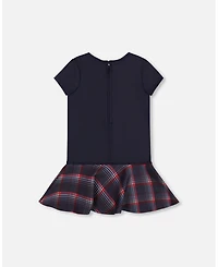 Deux par Girl Milano Dress Navy Blue with Plaid Flounce - Child