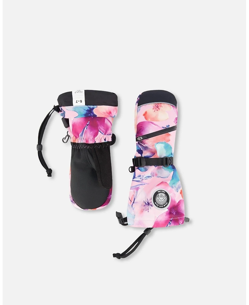 Deux par Girl Winter Mittens Teknik Pink Watercolor Flower Print