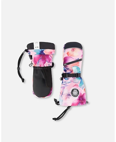 Deux par Girl Winter Mittens Teknik Pink Watercolor Flower Print