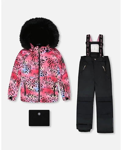 Deux par Girl Two-Piece Play Snowsuit with Multicolor Print Jacket and Solid Pant Black - Child