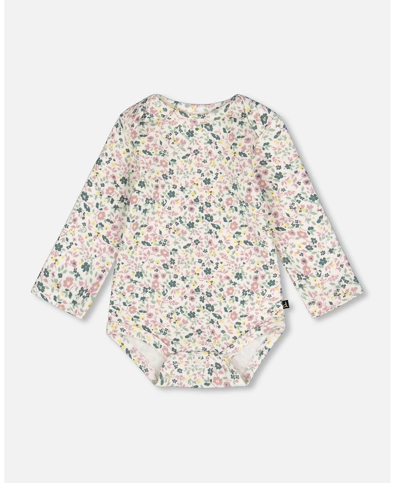 Deux par Baby Girls Cotton Long Sleeve Romper Off-White Floral