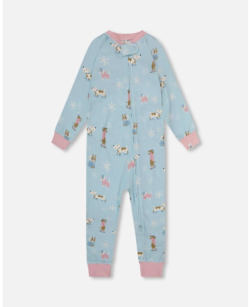 Deux par Girl Cotton Interlock One-Piece Pajama Blue Dog Print