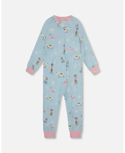 Deux par Girl Cotton Interlock One-Piece Pajama Blue Dog Print