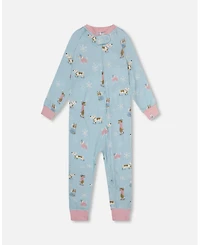 Deux par Girl Cotton Interlock One-Piece Pajama Blue Dog Print