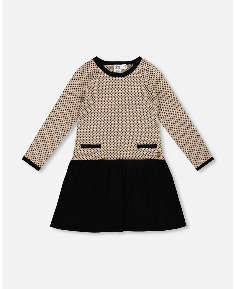 Deux par Girl Long Sleeve Knit Sweater Dress Black and Beige
