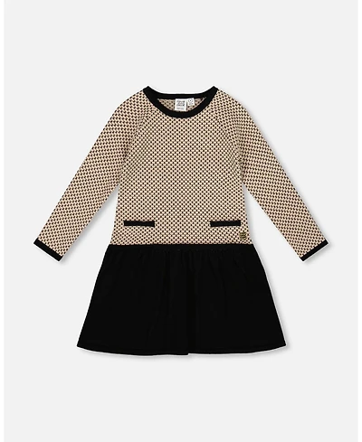 Deux par Girl Long Sleeve Knit Sweater Dress Black and Beige