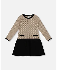 Deux par Girl Long Sleeve Knit Sweater Dress Black and Beige