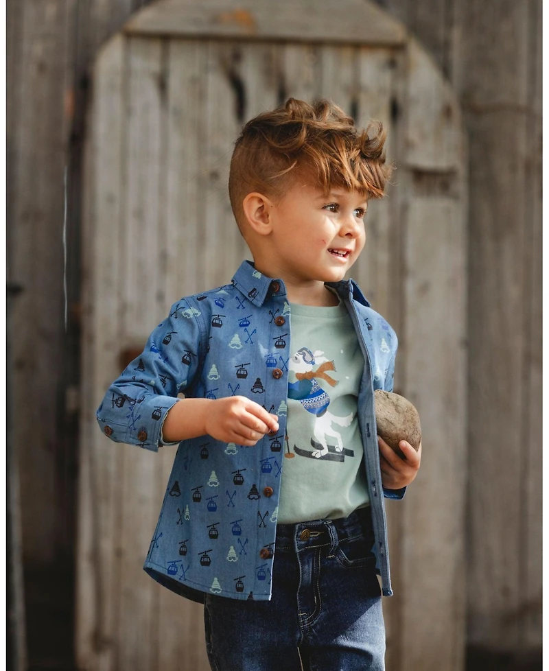 Deux par Baby Boy Printed Long Sleeve Button Front Chambray Shirt Blue