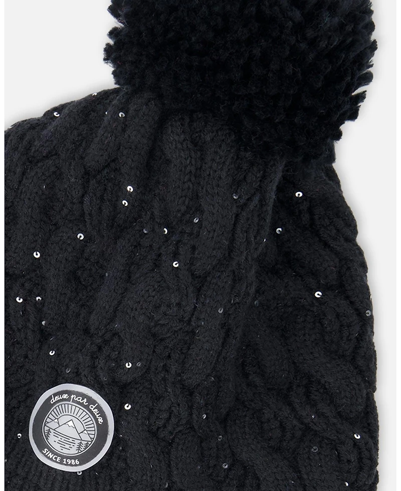 Deux par Girl Winter Peruvian Knit Hat with Pompom and Lining Black - Toddler|Child