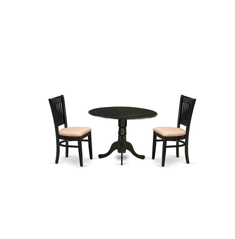 East West Furniture 3-Piece Dining Table Set- 2 Wooden Chair with Linen Fabric Seat and Slatted Chair Back - Drop Leaves Modern Dining Room Table