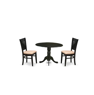 East West Furniture 3-Piece Dining Table Set- 2 Wooden Chair with Linen Fabric Seat and Slatted Chair Back - Drop Leaves Modern Dining Room Table