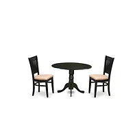 East West Furniture 3-Piece Dining Table Set- 2 Wooden Chair with Linen Fabric Seat and Slatted Chair Back - Drop Leaves Modern Dining Room Table