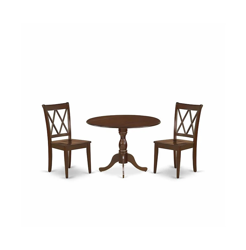 East West Furniture 3 Piece Wood Dining Table Set Contains 1 Drop Leaves Dining Room Table and 2 Mahogany Dining Chairs with Double X-Back