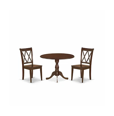East West Furniture 3 Piece Wood Dining Table Set Contains 1 Drop Leaves Dining Room Table and 2 Mahogany Dining Chairs with Double X-Back