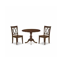 East West Furniture 3 Piece Wood Dining Table Set Contains 1 Drop Leaves Dining Room Table and 2 Mahogany Dining Chairs with Double X-Back