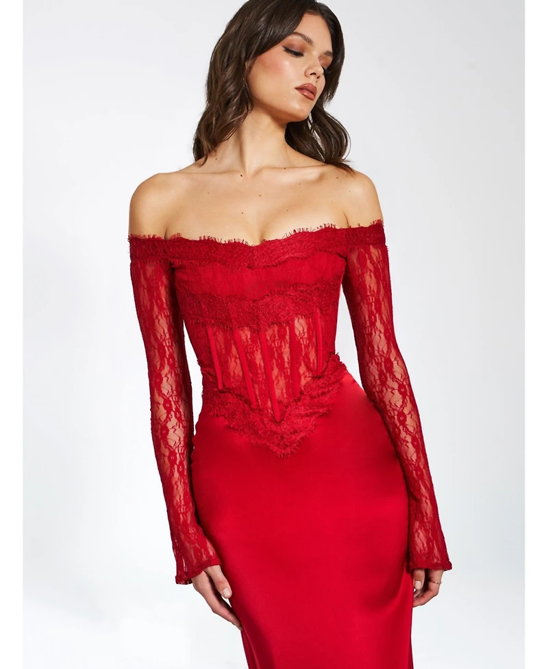 Miss Circle Women's Nessa Red Lace Satin Corset Maxi Dress