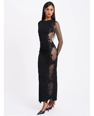Miss Circle Women's Bailey Lace Trim Crystal Net Cutout Long Sleeve Gown