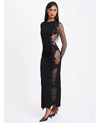 Miss Circle Women's Bailey Lace Trim Crystal Net Cutout Long Sleeve Gown