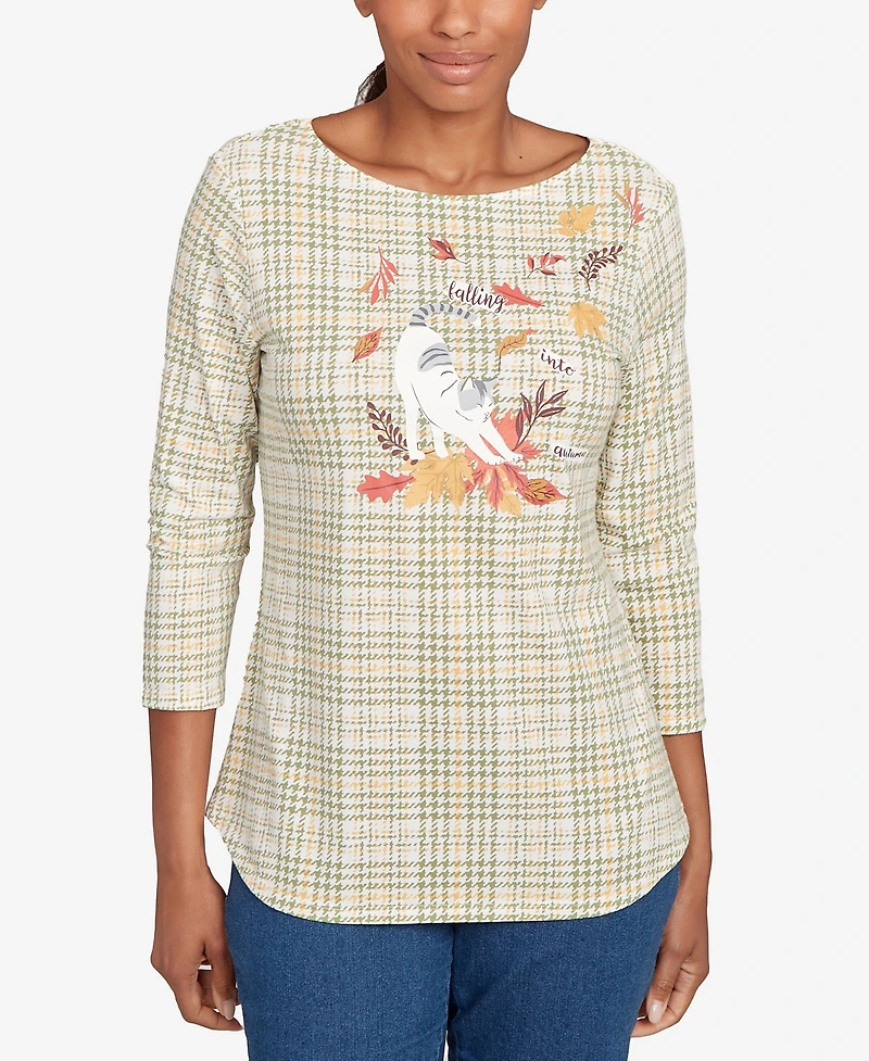 Ruby Rd. Petite Autumn Cat Houndstooth Top