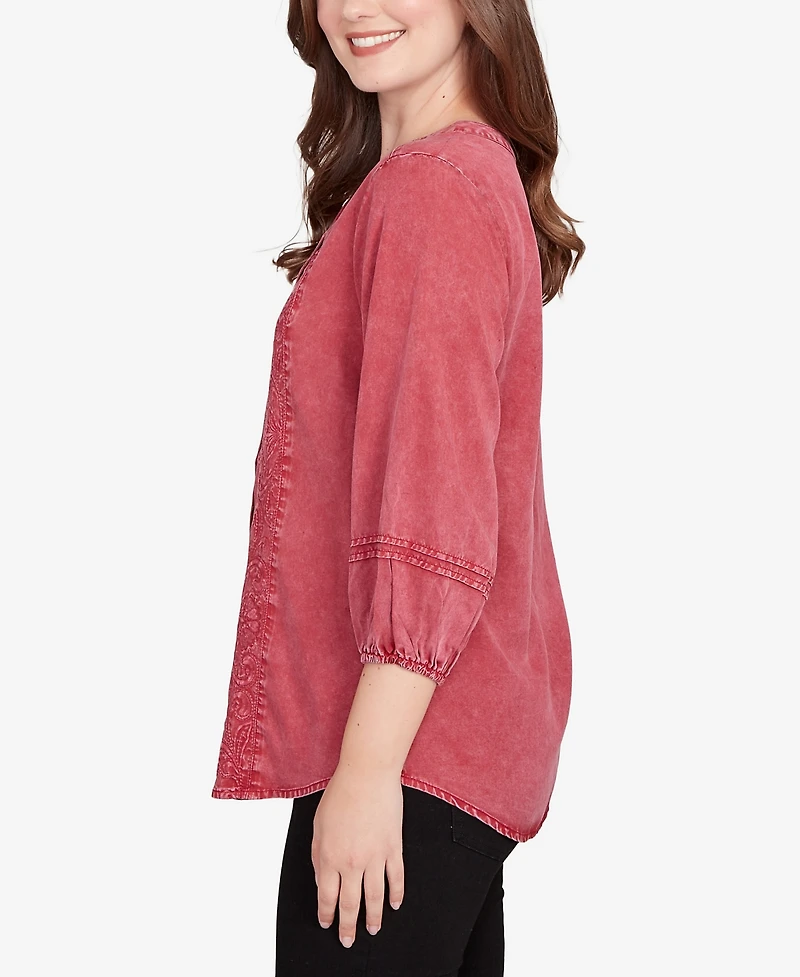 Ruby Rd. Petite Artisan Embroidered Button Front Top