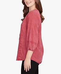 Ruby Rd. Petite Artisan Embroidered Button Front Top