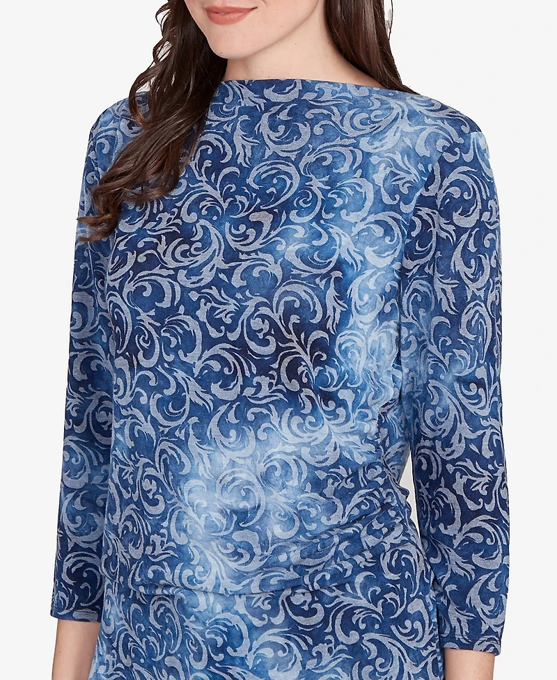 Ruby Rd. Petite Tie Dye Scroll Floral Hatchi Top