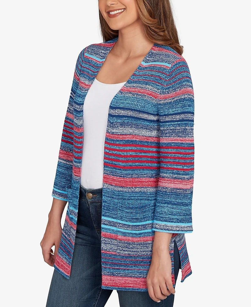Ruby Rd. Petite Open Ribbed Stripe Front Pocket Cardigan Sweater