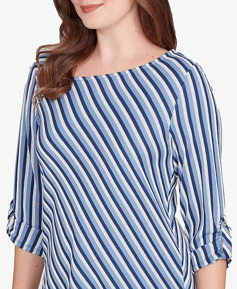 Ruby Rd. Petite Textured Stripe Roll Tab Sleeve Top