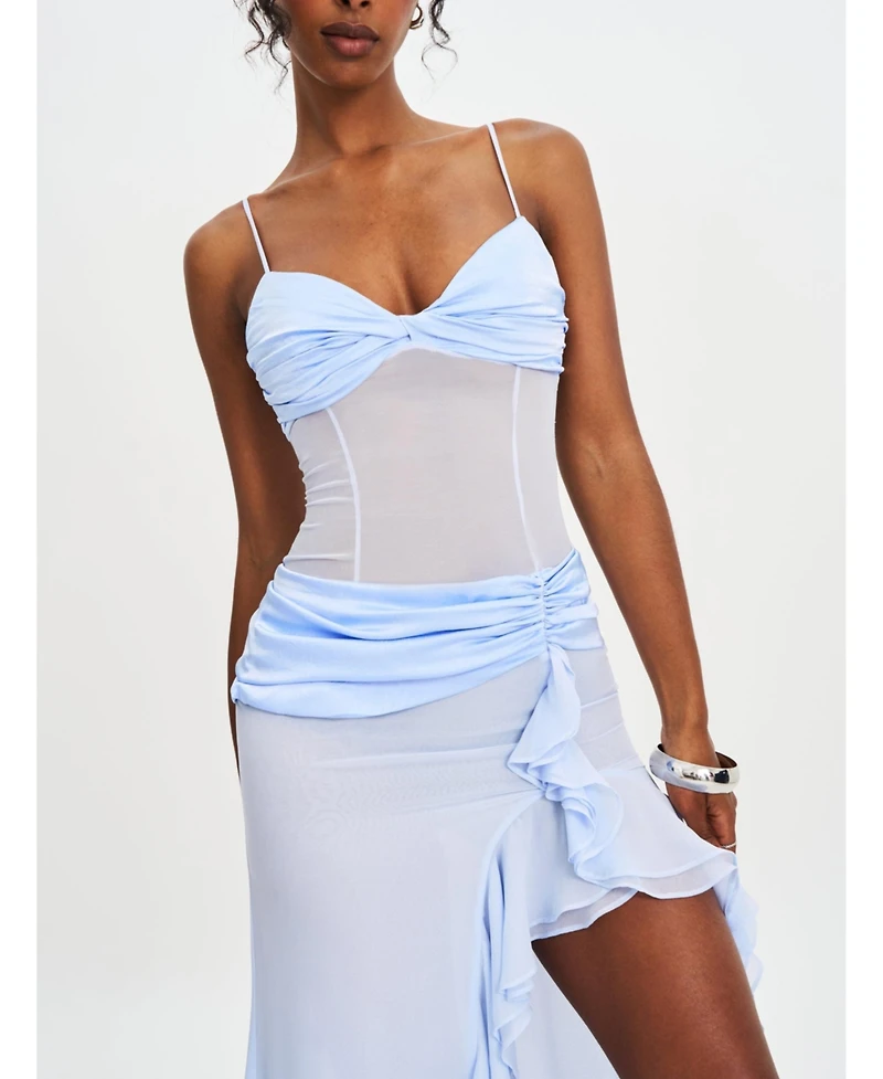 Miss Circle Women Lacy Blue Ruched Breast High Slit Chiffon Dress