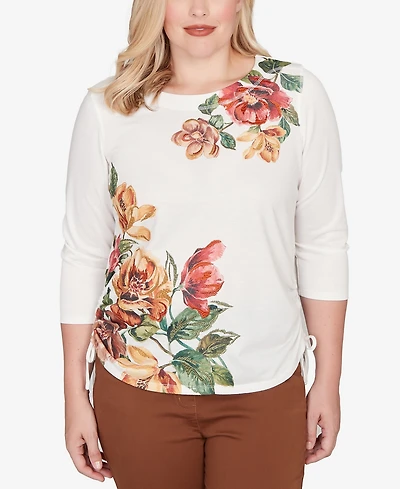 Alfred Dunner Petite Mount Laurel Asymmetric Floral Side Tie Top