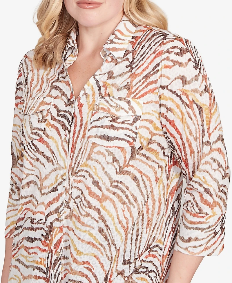 Alfred Dunner Petite Mount Laurel Animal Burnout Button Front Top