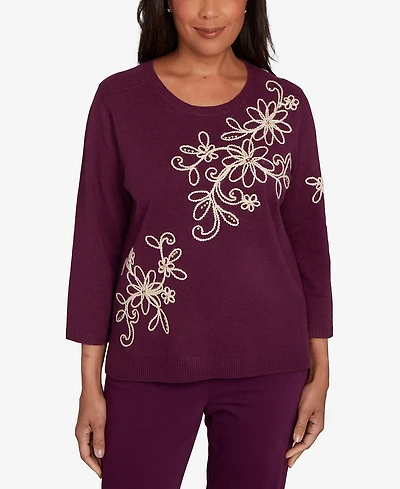 Alfred Dunner Petite Urban Legend Diagonal Floral Embroidered Sweater