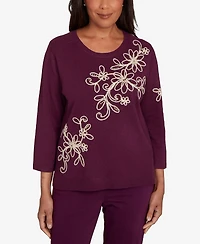 Alfred Dunner Petite Urban Legend Diagonal Floral Embroidered Sweater