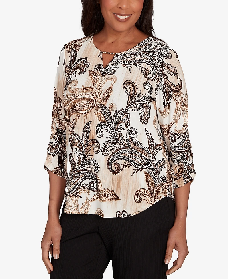 Alfred Dunner Petite Textured Paisley Ruched Sleeves Top