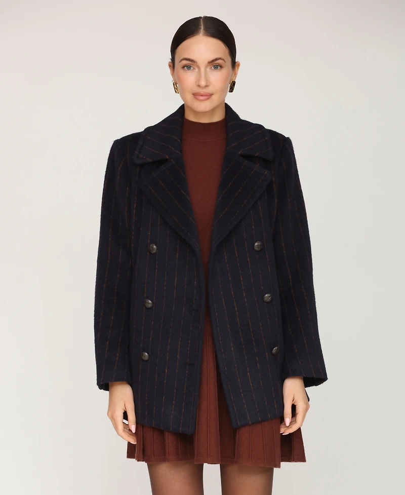 Avec Les Filles Women's Short Double Breasted Wool Pinstripe Coat