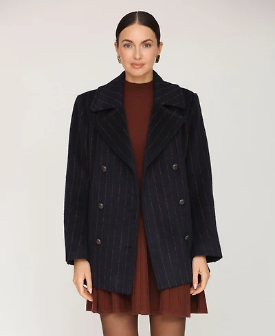 Avec Les Filles Women's Short Double Breasted Wool Pinstripe Coat