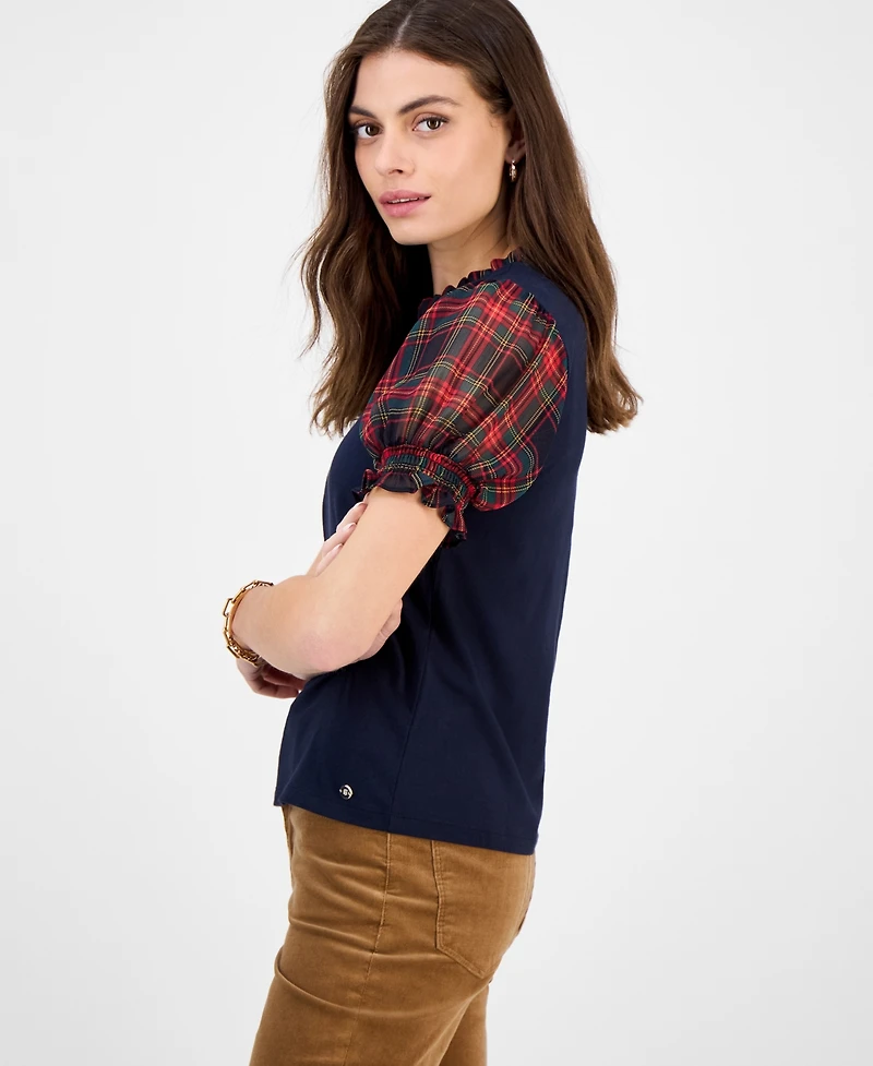 Tommy Hilfiger Women's Mixed-Media Plaid Puff-Sleeve Top