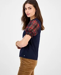 Tommy Hilfiger Women's Mixed-Media Plaid Puff-Sleeve Top
