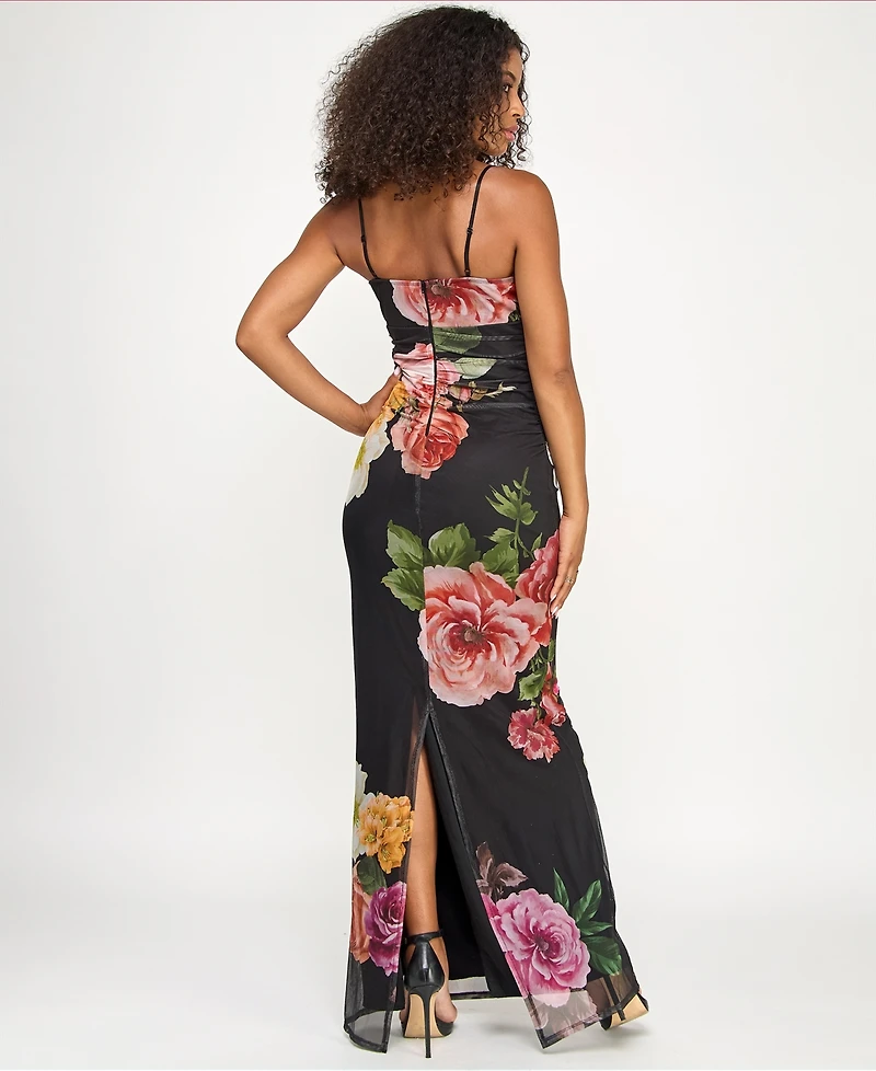 Emerald Sundae Juniors' Cowl Neck Floral Mesh Sleeveless Gown