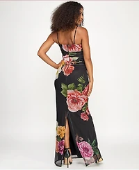 Emerald Sundae Juniors' Cowl Neck Floral Mesh Sleeveless Gown