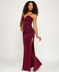 Emerald Sundae Juniors' Glitter-Knit Notched-Neck Gown