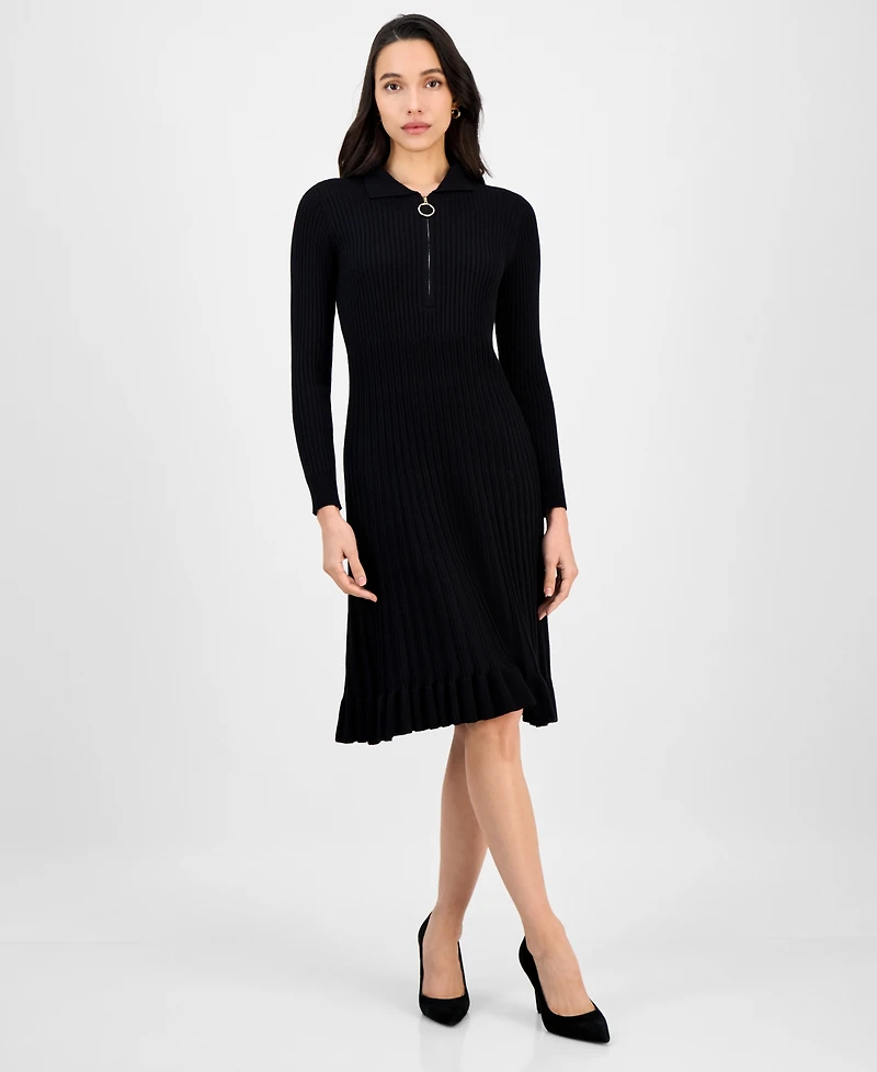 Robbie Bee Women's Spread-Collar Long-Sleeve Sweater Dress